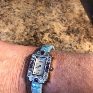 BADAVICI BEAUTIFUL CUFF STYLE AMETHYST & WHITE TOPAZ WATCH WITH BLUE LEATHER BAN